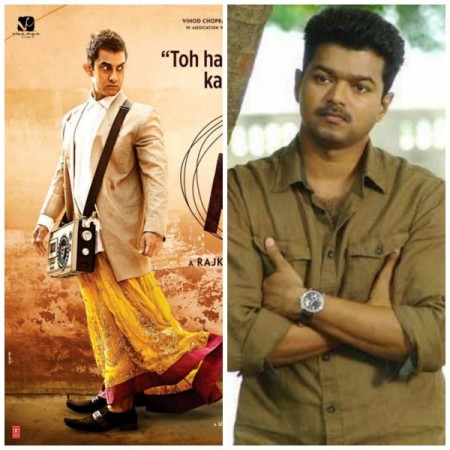 A collage of Ilayathalapathy Vijay Gives Thumbs Up to Aamir Khan's 'PK'