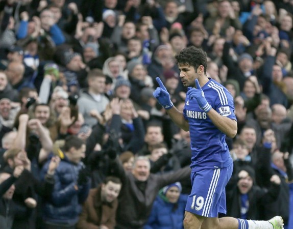 Chelsea hitman Diego Costa celebrates after scoring against West Ham in their English Premier League game Diego Costa Chelsea