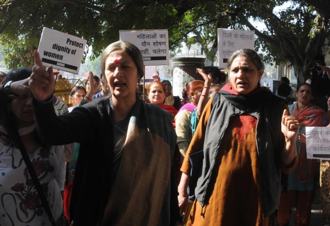 All India Democratic Women Association (AIDWA) activists led by (CPI-M) leader Brinda Karat demonstrate against the Uber taxi rape case in front of the Delhi Police Headquarters in New Delhi. Uber