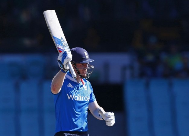 Eoin Morgan celebrates after scoring a hundred against Australia Eoin Morgan England
