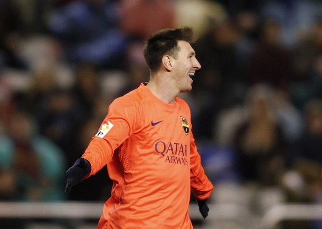 Barcelona forward Lionel Messi celebrates after completing his hat-trick against Deportivo Lionel Messi Barcelona
