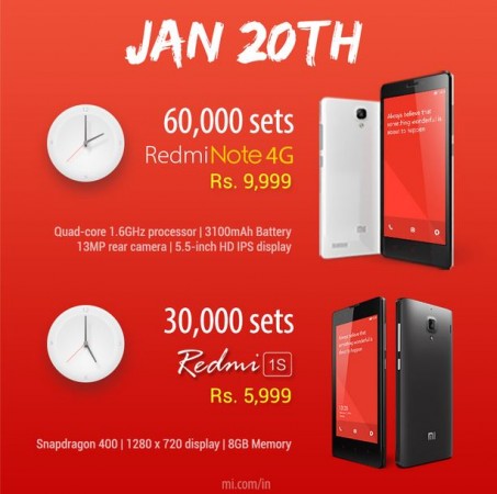 Xiaomi Redmi Note 4G, Redmi 1S Flash Sale to Kick-off on 20 January in India; More than 1 Lakh Units Up for Grabs Xiaomi Redmi Note 4G, Redmi 1S Flash Sale to Kick-off on 20 January in India; More than 1 Lakh Units Up for Grabs