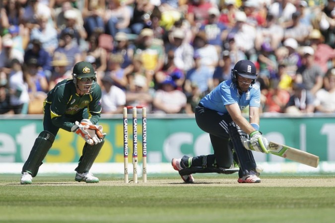 England opener Ian Bell hits the ball to the boundary via a reverse-sweep in the tri-series match against Australia Ian Bell England Brad Haddin Australia