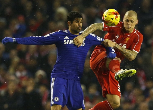 Chelsea striker Diego Costa and Liverpool defender Martin Skrtel battle for the ball in their Capital One Cup first leg Diego Costa Chelsea Martin Skrtel Liverpool