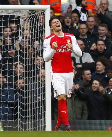 Arsenal striker Olivier Giroud reacts to a missed opportunity in the North London derby against Tottenham Olivier Giroud Arsenal