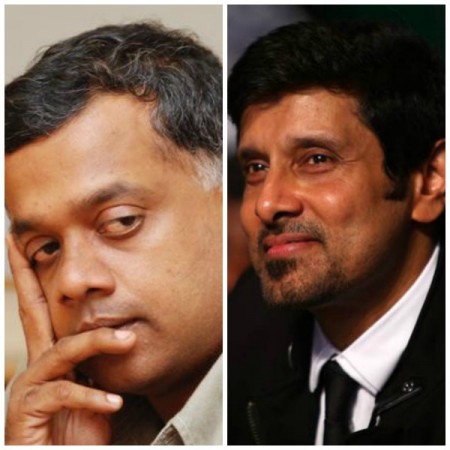A collage of Gautham Menon and Vikram. Gautham Menon-Vikram
