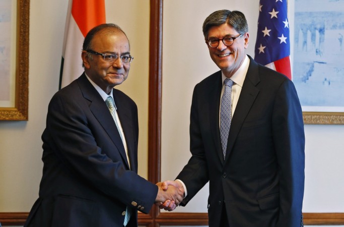 U.S. Treasury Secretary Jack Lew (R) shakes hands with India's Finance Minister Arun Jaitley before the fifth U.S.-India Economic and Financial Partnership Dialogue in New Delhi February 12, 2015. U.S. Treasury Secretary Jack Lew (R) shakes hands with India's Finance Minister Arun Jaitley