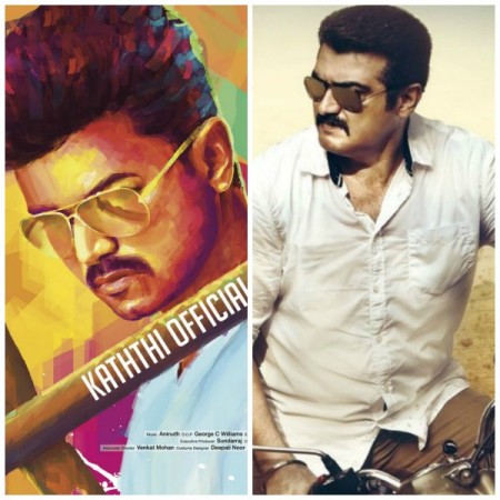 A collage of 'Yennai Arindhaal and 'Kaththi'. 'Yennai Arindhaal'-'Kaththi'