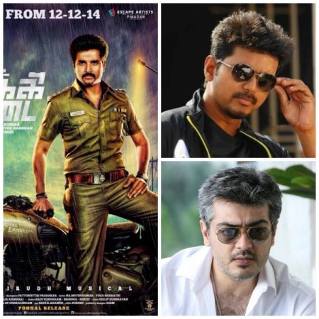 A collage of Sivakarthikeyan, Vijay and Ajith. Sivakarthikeyan, Vijay & Ajith