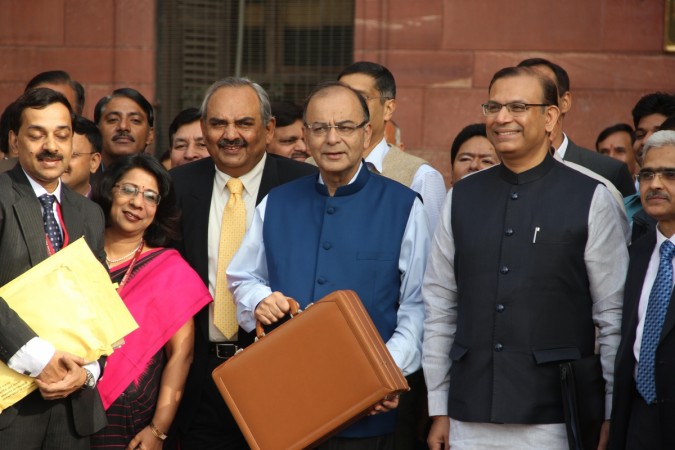 Finance Minister Arun Jaitley and Minister of State for Finance, Jayant Sinha along with the team at North Block before going to Parliament to present the Union Budget in New Delhi on Feb. 28, 2015.