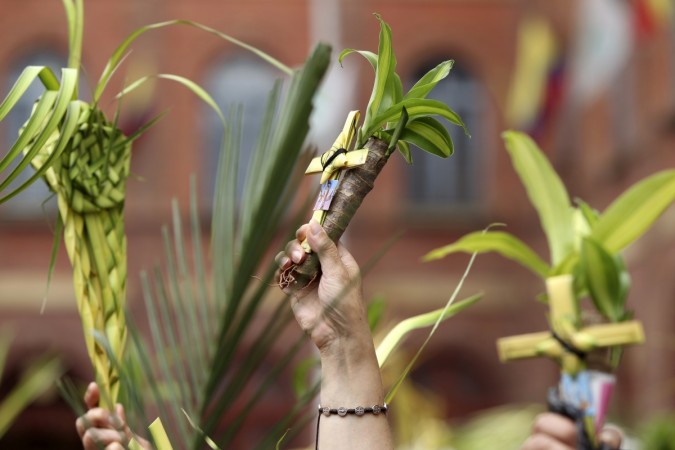 Catholic penitents hold decorations made of palm fronds during a procession on Palm Sunday at the 20 de Julio Church in Bogota April 13, 2014. Palm Sunday