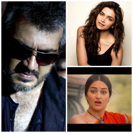 A collage of Ajith, Deepika Padukone and Sonakshi Sinha. Ajith, Deepika, Sonakshi in AR Murugadoss' Next