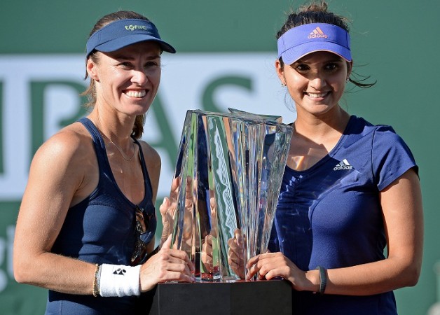 Martina Hingis and Sania Mirza with the Indian Wells trophy Martina Hingis Sania Mirza Indian Wells