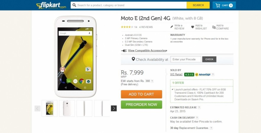 Motorola Moto E (2 Gen) 4G-LTE Pre-Order Service Goes Live on Flipkart; Price, Specifications