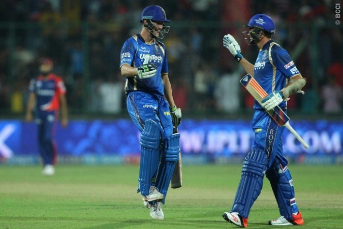 Rajasthan Royals batsmen Chris Morris and Tim Southee celebrate their win over the Delhi Daredevils in an IPL 2015 match Chris Morris Tim Southee Rajasthan Royals