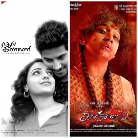 A collage of 'Ok Kanmani' and 'Kanchana 2'. Ok Kanmani-Kanchana 2