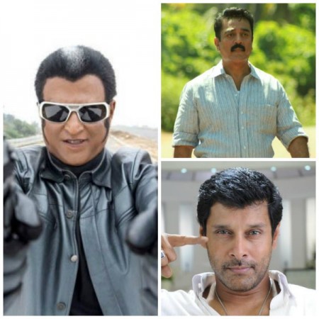 A collage of Rajinikanth, Kamal Haasan and Vikram. Rajinikanth,Kamal Haasan, Vikram