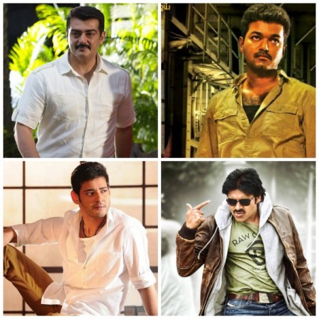 A collage of Ajith, Vijay, Pawan Kalyan and Mahesh Babu. Ajith leading the race to beat Vijay, Pawan Kalyan, Mahesh Babu