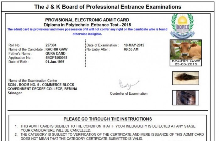 Board of Professional Entrance Examinations admit card cow