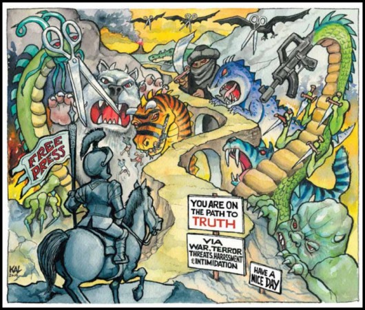 A cartoon depicting that kind of factors that affecting Freedom of Press globally.