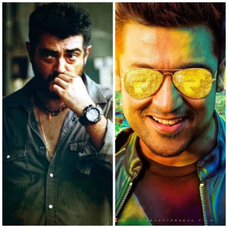 A collage of Ajith's 'Yennai Arindhaal and Suriya's 'Masss'. Ajith-Suriya