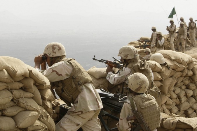 Saudi soldiers at Khoba, a frontline border post with Yemen