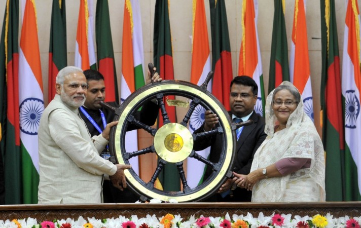 Main steering wheel of INS Vikrant handed over by Prime Minister Narendra Modi to Bangladeshi Prime Minister Sheikh Hasina in Dhaka, Bangladesh, on June 6, 2015. Modi Bangladesh visit