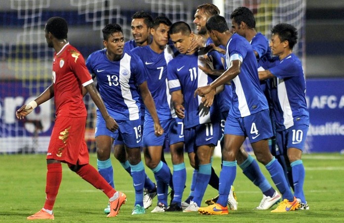 India players celebrate the goal scored by Sunil Chhetri in their World Cup qualifier against Oman India Oman Sunil Chhetri