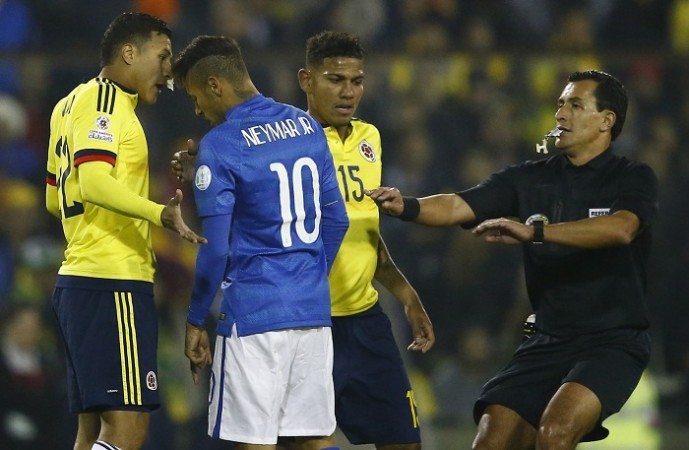 Brazil forward Neymar appears to headbutt Colombia defender Jeison Murillo in their Copa America 2015 group match Neymar Brazil Jeison Murillo Colombia Copa America 2015