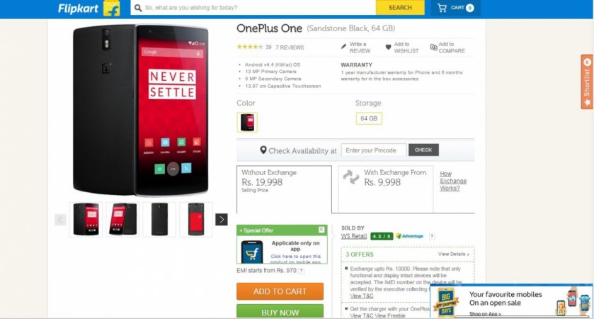 Flipkart Big App Shopping Days Offer: You Can Now Bag OnePlus One for Under ₹10,000 Flipkart Big App Shopping Days Offer: You Can Now Bag OnePlus One for Under ₹10,000
