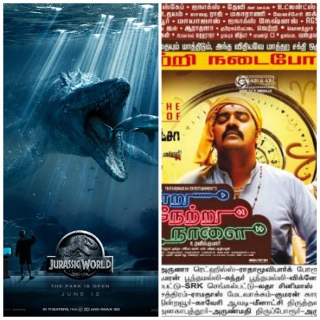 A collage of 'Jurassic World' Overpowers 'Indru Netru Naalai'