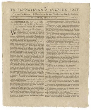 A handout photo shows the Declaration of Independence on the front page of the Pennsylvania Evening Post dated July 6, 1776 provided by Seth Kaller, Inc., on June 26, 2013