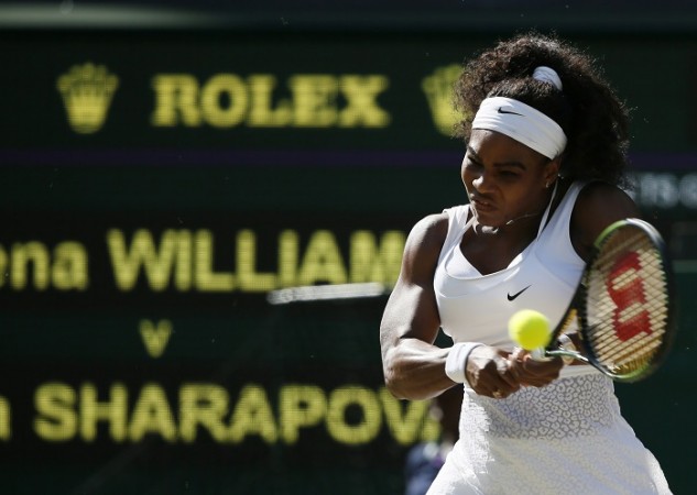 Serena Williams fires a backhand during her comfortable win over Maria Sharapova in the Wimbledon 2015 semifinal Serena Williams Wimbledon 2015