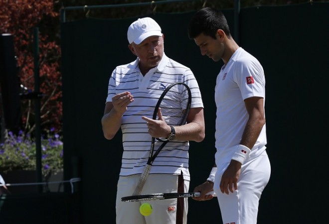 Boris Becker gives Novak Djokovic a few pointers ahead of the semifinal against Richard Gasquet at Wimbledon 2015 Boris Becker Novak Djokovic Wimbledon 2015