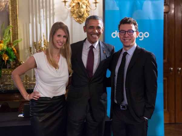 U.S. President Barack Obama (centre) meets Luis von Ahn (right) and Gina Gotthilf (left) of Duolingo, a language-learning app, during the White House Demo Day at the White House, Washington, D.C., Aug 4, 2015.
