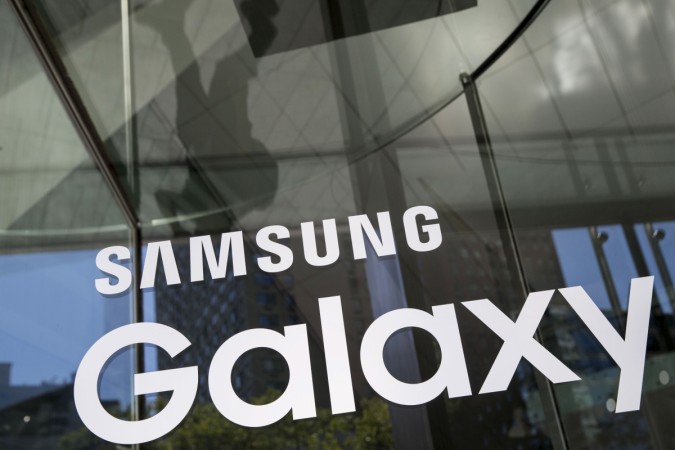 A Samsung Galaxy sign is seen at the Samsung Galaxy Unpacked event