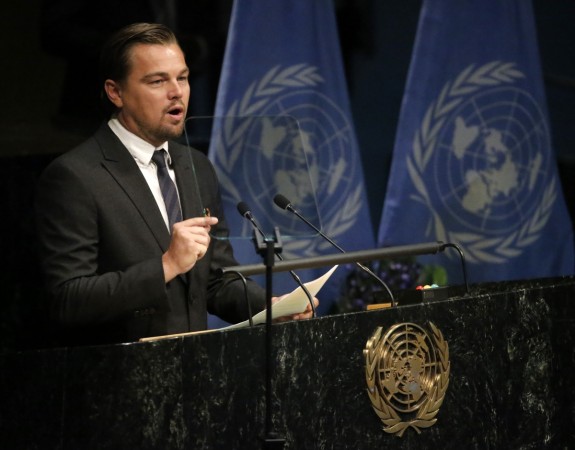 Leonardo DiCaprio delivers his remarks during the Paris Agreement on climate change held at the United Nations Headquarters on Apr. 22, 2016.