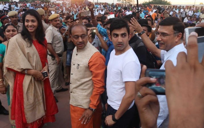 Union Sports Minister Vijay Goel with Indian cricketer Gautam Gambhir, athlete Anju Bobby George, weightlifter Karnam Malleswari at the inauguration of an exhibition ahead of Rio 2016 Olympics at Central Park in New Delhi on Aug. 5, 2016.