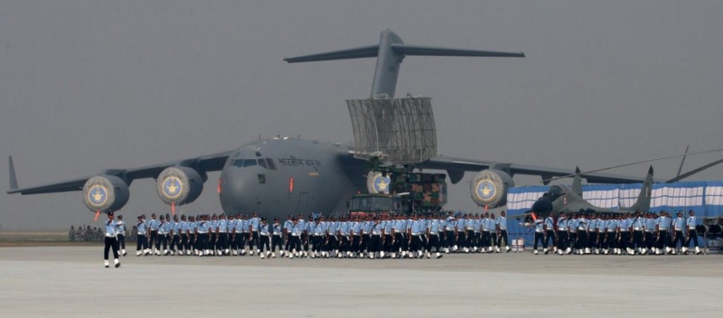 Indian Air Force soldiers during parade at Hindon Air Base in Ghaziabad. Air Force Day