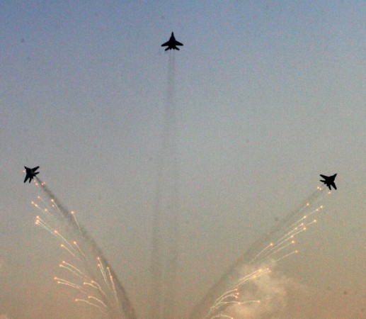 Indian Air Force planes in a formation at 84th Air Force Day at Hindon Air Base in Ghaziabad Air Force Day