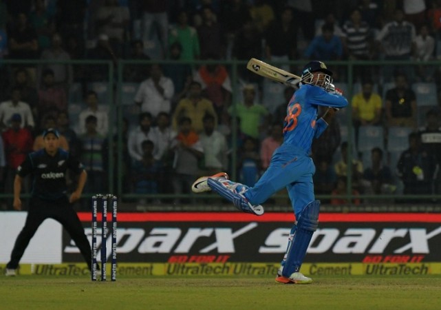 India all-rounder Hardik Pandya plays the shot that led to his dismissal during the second ODI against New Zealand, October 20, 2016 Hardik Pandya India New Zealand