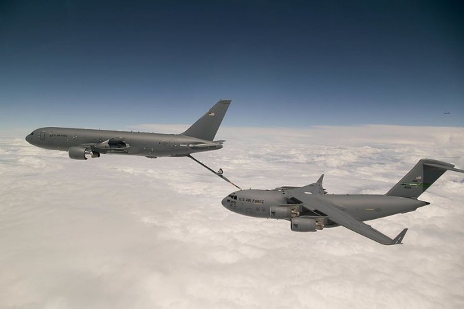 Boeing to enter Indian Air Force tanker competition with its KC-46A Pegasus. In Picture: Boeing's KC-46 aerial refuelling tanker conducts receiver compatibility tests with a U.S. Air Force C-17 Globemaster from Joint Base Lewis-McChord, 12 July 2016. Boeing's KC-46A Pegasus