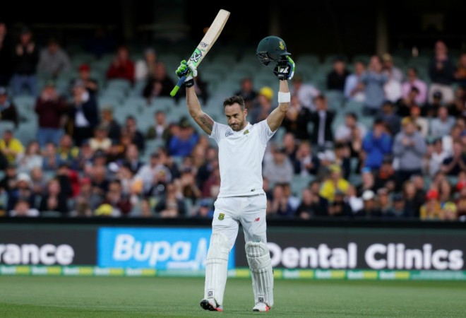 LIKE A BOSS: South Africa's captain Faf du Plessis celebrates his century 100 runs during the first day of the Third Test cricket match in Adelaide faf du plessis