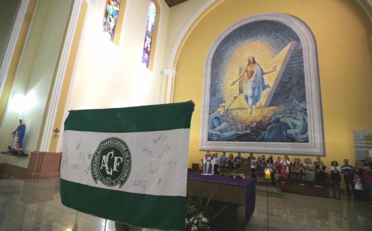 A flag of the Chapecoense football team is displayed during a mass at the Santo Antonio Cathedral in Chapeco, Brazil, November 29 2016. chapecoense