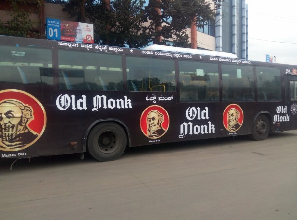 In Picture: A BMTC bus doing surrogate advertising for liquor brand Old Monk. BMTC