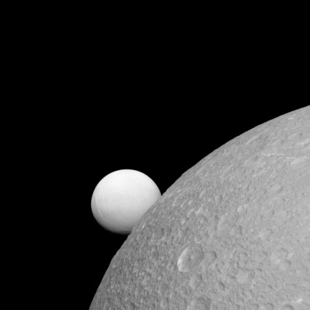 Saturn's moons Dione (near) and Enceladus (far) Saturn's moons, Enceladus