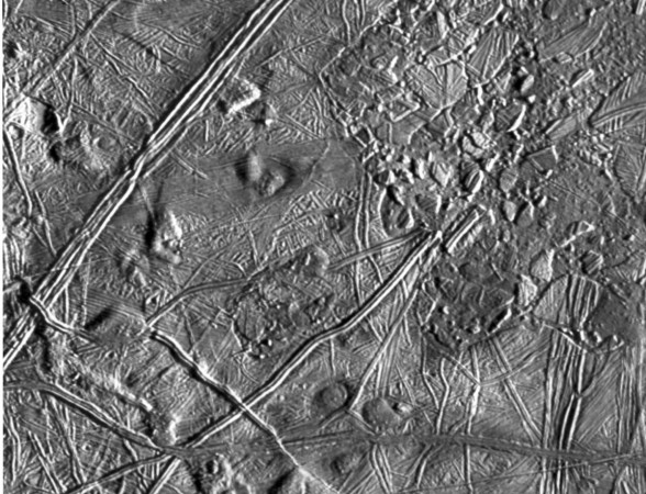 View of terrain on Jupiter's moon Europa, taken by the Galileo spacecraft. Jupiter's moon Europa