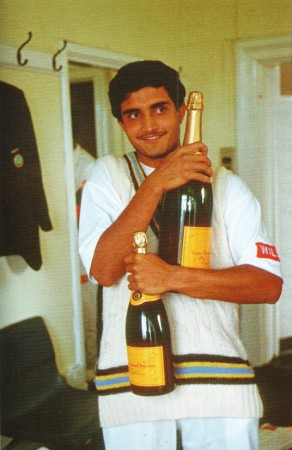 Ganguly cuddling his first two champagne bottles after two centuries in his first two Tests. Five years later he would lead India to unscaled heights. book review, India, Test, cricket, Kohli