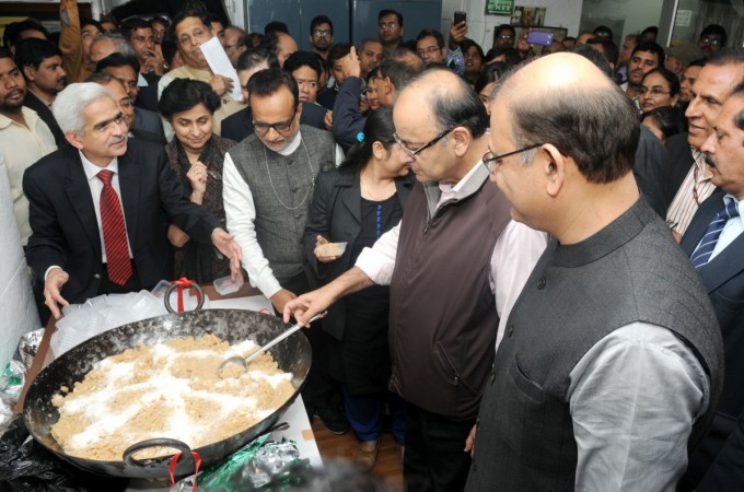 Arun Jaitley at the halwa ceremony to mark the commencement of Budget printing process budget 2017, halwa ceremony, fm arun jaitley, pm modi, india news, assembly elections