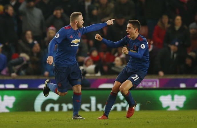 Wayne Rooney celebrates with Ander Herrera after scoring his record-breaking goal for Manchester United, January 21, 2017 Wayne Rooney, Ander Herrera, Manchester United, Stoke City, Premier League